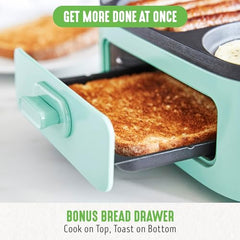 GreenLife 3-in-1 Breakfast Maker Station, Healthy Ceramic Nonstick Dual Griddles for Eggs Meat Sausage Bacon Pancakes and Breakfast Sandwiches, 2 Slice Toast Drawer, Easy-to-use Timer, Turquoise