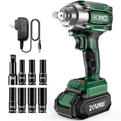 KIMO Cordless Impact Wrench 1/2 Inch, Impact Wrench Kit w/Premium Brake Stop, 7 Sockets, 1/2 Impact Gun, Brushless High Torque Impact Driver with 350 ft-lbs (475N.m) & 3000 RPM and Battery & Charger