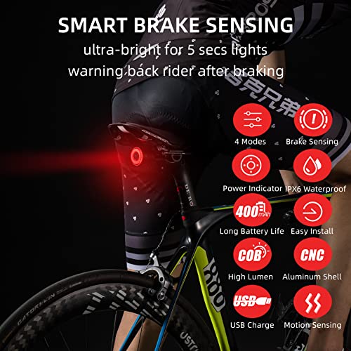 ROCKBROS Bike Tail Light Smart,Brake Sensing Bicycle Rear Lights for Night Ride,Ultra Bright LED Back Lights,Type C USB Rechargeable,IPX6 Waterproof,Cycling Safety Taillight Accessories