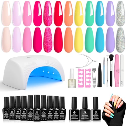 Beetles Gel Nail Polish Kit 36W Led Nail Lamp 12 Colors, Spring Summer Pastel Purple Blue Green Red Glitter Gel Polish Starter Kit Manicure Soak off Led Nude Gel Gifts for Women