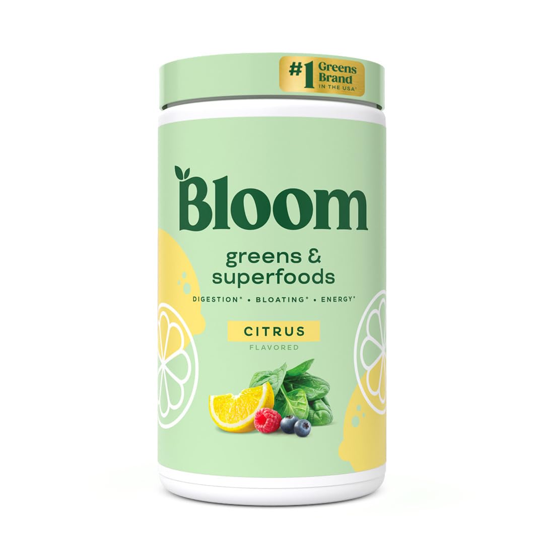 Bloom Nutrition Greens and Superfoods Powder for Digestive Health, Greens Powder with Digestive Enzymes, Probiotics, Spirulina, Chlorella for Bloating and Gut Support, Green Juice Mix, 60 SVG, Citrus