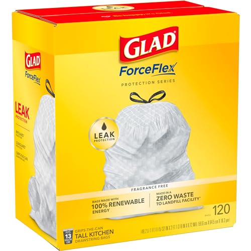 Glad Trash Bags, ForceFlex Tall Kitchen Drawstring Garbage Bags, 13 Gallon, Unscented, 120 Count.