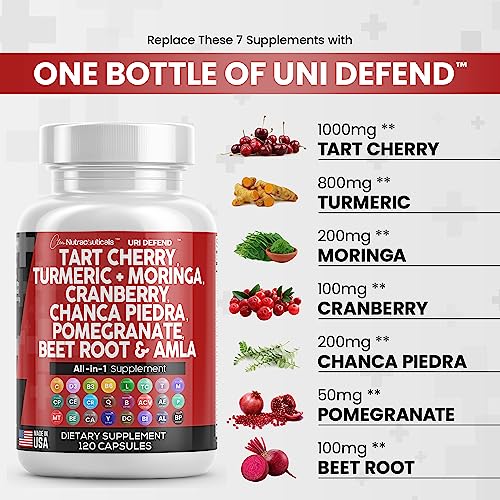 Clean Nutraceuticals Tart Cherry Extract Capsules 20,000mg with Turmeric 8000mg Moringa 4000mg Cranberry 2000mg Chanca Piedra Celery Quercetin ACV Pomegranate L Selenomethionine - Uric Levels - 120 Ct