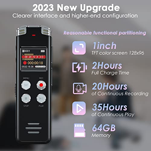 64GB Digital Voice Recorder Voice Activated Recorder with Playback - Upgraded Tape Recorder for Lectures, Meetings, Interviews, Audio Recorder USB Charge, MP3