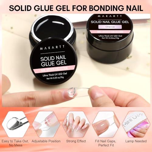 Makartt Gel Nail Glue for Gel Nail Tips, 2pcs Clear & Cherice Solid Nail Glue for Press On Nails Nail Tips Acrylic Nails Solid Builder Nail Gel for Nail Art DIY Home Salon Lamp Curing Needed 15ml