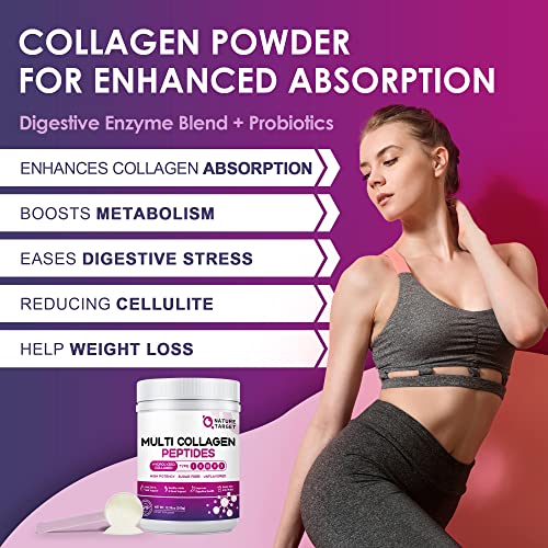 NATURE TARGET Multi Collagen Peptides Powder - Type I, II, III, V, X - Hydrolyzed Collagen Peptides with Vitamin C Hyaluronic Acid, Supports Skin Hair Nail & Joint, Grass-Fed, Non-GMO, 35 Servings