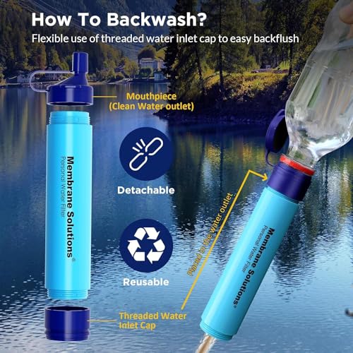 Membrane Solutions Portable Water Filter Straw Filtration Straw Purifier Survival Gear for Hiking, Camping, Travel, and Emergency, Blue, 4 pack