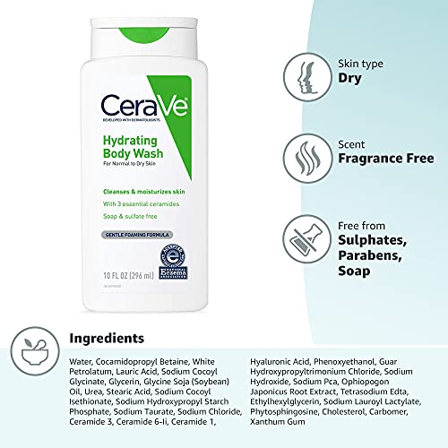 CeraVe Body Wash for Dry Skin | Moisturizing Body Wash with Hyaluronic Acid and Ceramides | Paraben, Sulfate & Fragrance Free | 10 Ounce