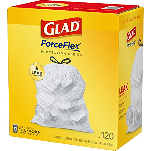 Glad Trash Bags, ForceFlex Tall Kitchen Drawstring Garbage Bags, 13 Gallon, Unscented, 120 Count.