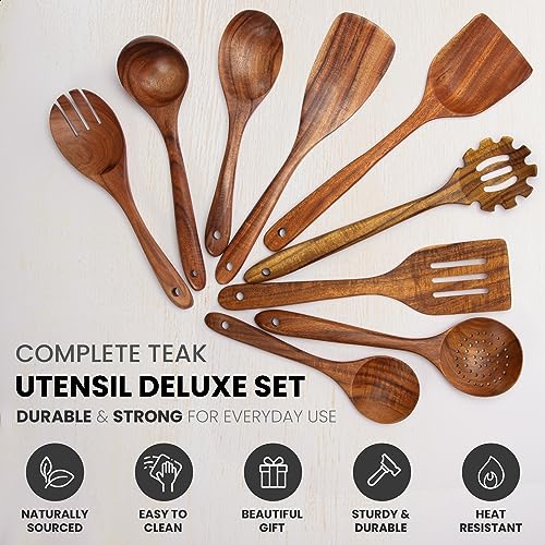 Zulay Kitchen 9-Piece Teak Wooden Utensils for Cooking - Natural Teak Utensil Set with Premium Gift Box - Non-Stick Wooden Spoons for Cooking - Kitchen Gift Set - Comfortable Grip Wooden Utensil Set