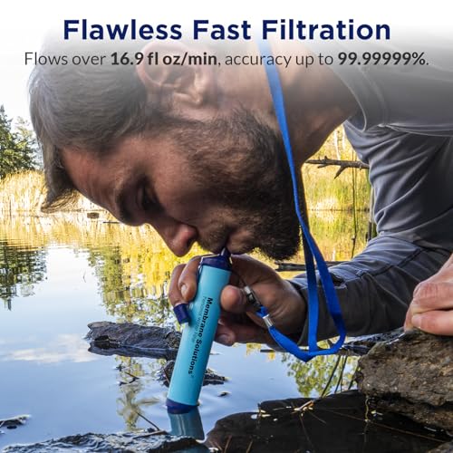 Membrane Solutions Portable Water Filter Straw Filtration Straw Purifier Survival Gear for Hiking, Camping, Travel, and Emergency, Blue, 4 pack