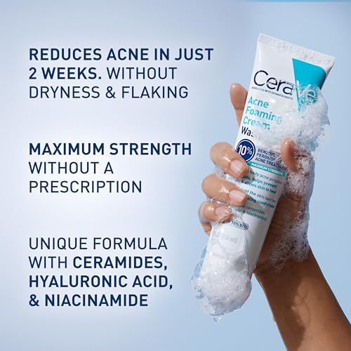 CeraVe Acne Foaming Cream Wash | Gentle Face and Body Acne Cleanser with Benzoyl Peroxide 10%, Hyaluronic Acid, and Niacinamide | Acne Treatment Clears Pimples, Blackheads, Chest and Back Acne | 5 Oz