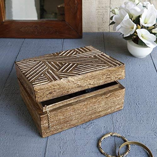 Ajuny Wooden Hand Carving Decorative Jewelry Box Line Design Trinket Chest Keepsake Multipurpose Jewellery Storage Organizer Antique Vintage Accessories Holder Boxes Great for Gifts