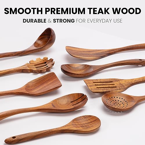 Zulay Kitchen 9-Piece Teak Wooden Utensils for Cooking - Natural Teak Utensil Set with Premium Gift Box - Non-Stick Wooden Spoons for Cooking - Kitchen Gift Set - Comfortable Grip Wooden Utensil Set