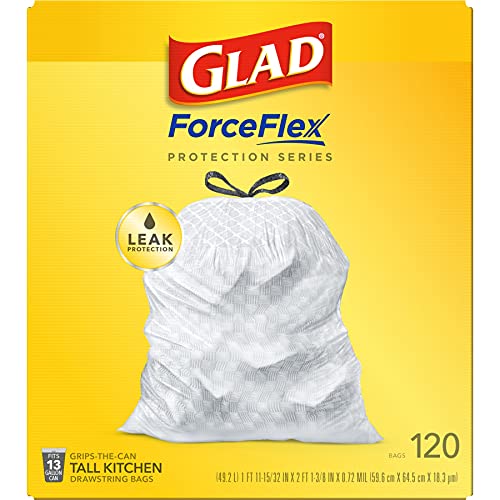 Glad Trash Bags, ForceFlex Tall Kitchen Drawstring Garbage Bags, 13 Gallon, Unscented, 120 Count.