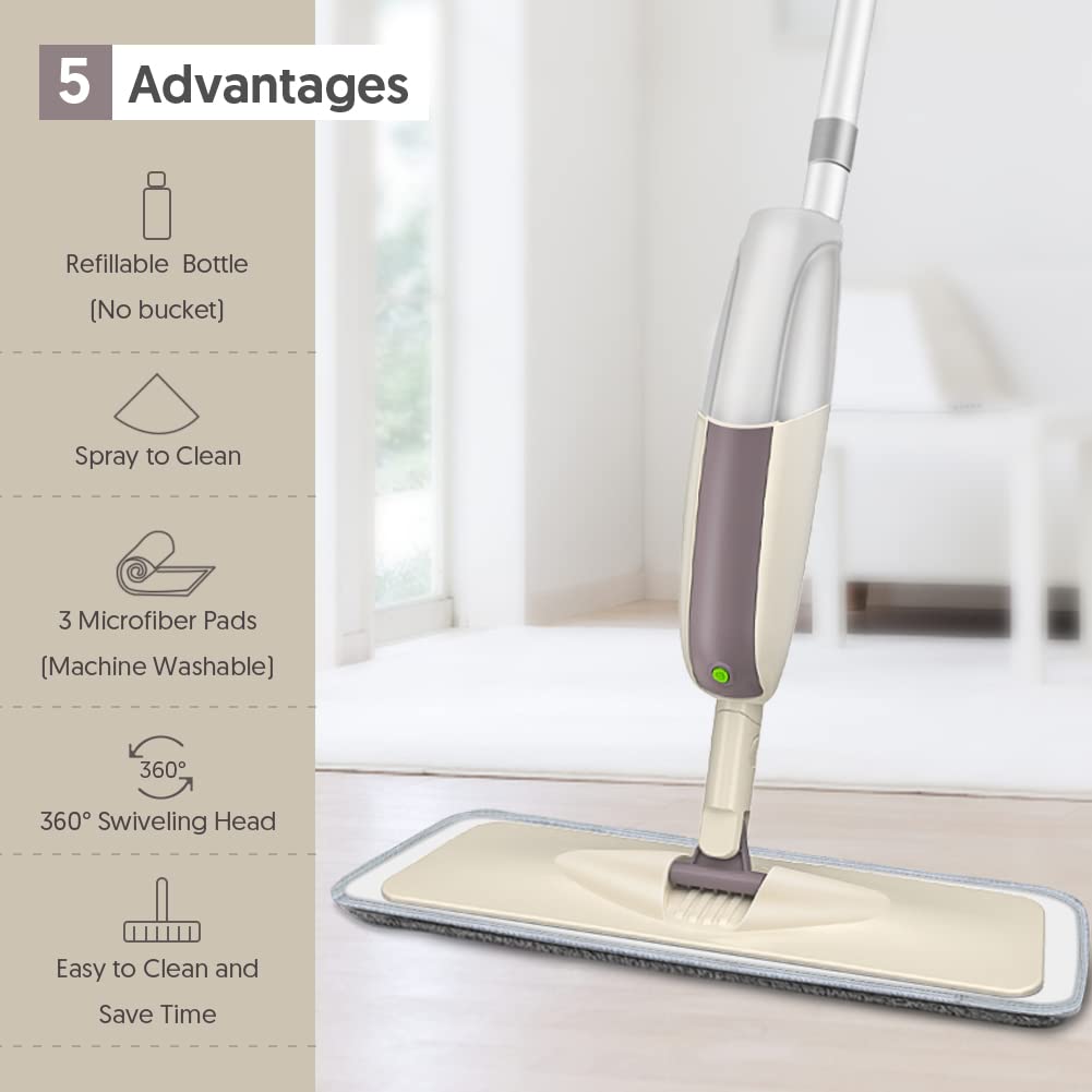 Spray Mop for Floor Cleaning, HOMTOYOU Floor Mop with a Refillable Bottle and 3 Washable Microfiber Pads, Dry Wet Spray Mop for Home Kitchen Hardwood Laminate Wood Vinyl Ceramic Tiles Floor Cleaning
