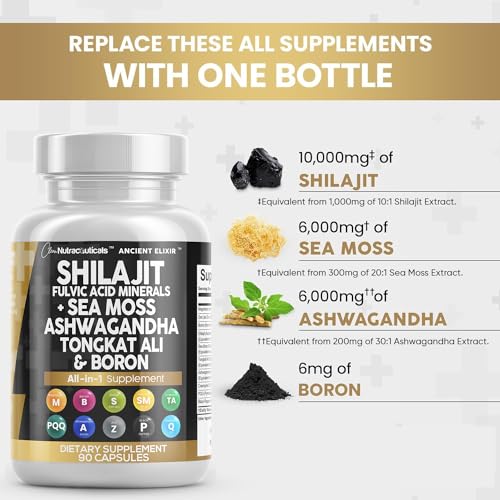 Clean Nutraceuticals Shilajit Supplement 10,000mg with Sea Moss 6000mg, Ashwagandha 6000mg, Tongkat Ali, Boron, Magnesium - Fulvic Acid Capsules for Men - 90 Count