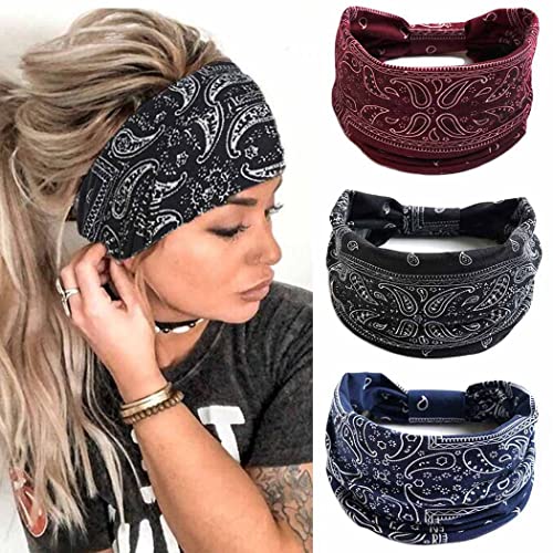 CAKURE Boho Wide Headbands Knotted Turban African Yoga Hairbands Stretch Elastic Motorcycle Hair Accessories for Women and Girls Pack of 3 (Set-1)