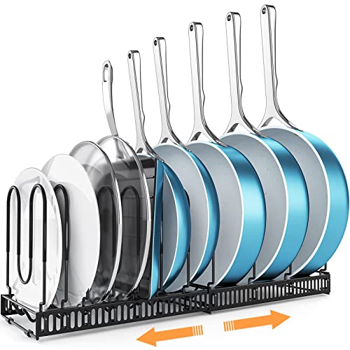 ORDORA Pots and Pans Organizer: Rack for Cabinet, Expandable Cutting Board Pot Lid Organizer Holder with 10 Adjustable Dividers for Kitchen Cabinet Organizers and Storage