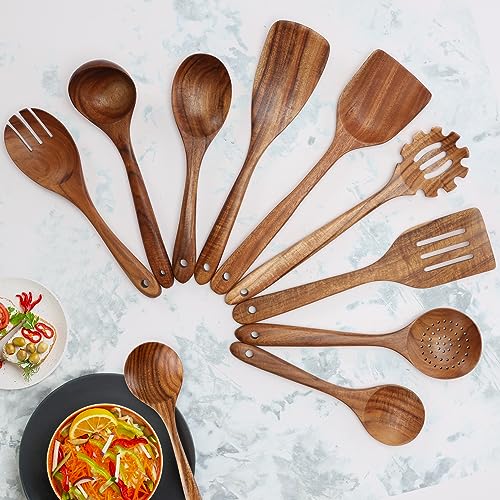 Zulay Kitchen 9-Piece Teak Wooden Utensils for Cooking - Natural Teak Utensil Set with Premium Gift Box - Non-Stick Wooden Spoons for Cooking - Kitchen Gift Set - Comfortable Grip Wooden Utensil Set