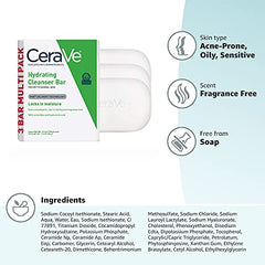 CeraVe Hydrating Cleanser Bar | Soap-Free Body and Facial Cleanser with 5% Moisturizing Cream | Fragrance-Free |3-Pack, 4.5 Ounce Each