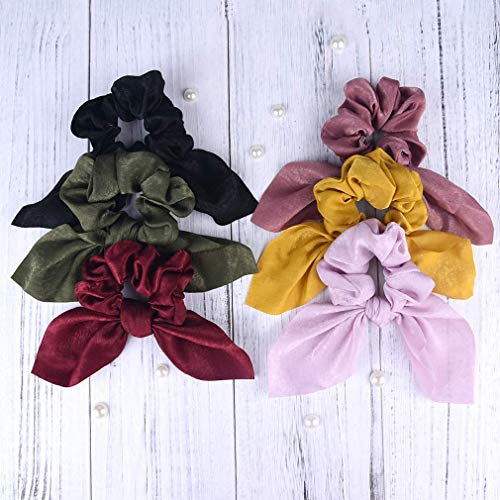 Aileam 6PCS Hair Scrunchies Satin SilkRabbit Bunny Ear Bow Bowknot Scrunchie Bobbles Elastic Hair Ties Bands Ponytail Holder for Women Accessories