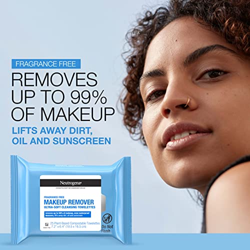 Neutrogena Cleansing Fragrance Free Makeup Remover Face Wipes, Cleansing Facial Towelettes for Waterproof Makeup, Alcohol-Free, Unscented, 100% Plant-Based Fibers, Twin Pack, 2 x 25 ct