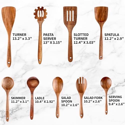 Zulay Kitchen 9-Piece Teak Wooden Utensils for Cooking - Natural Teak Utensil Set with Premium Gift Box - Non-Stick Wooden Spoons for Cooking - Kitchen Gift Set - Comfortable Grip Wooden Utensil Set