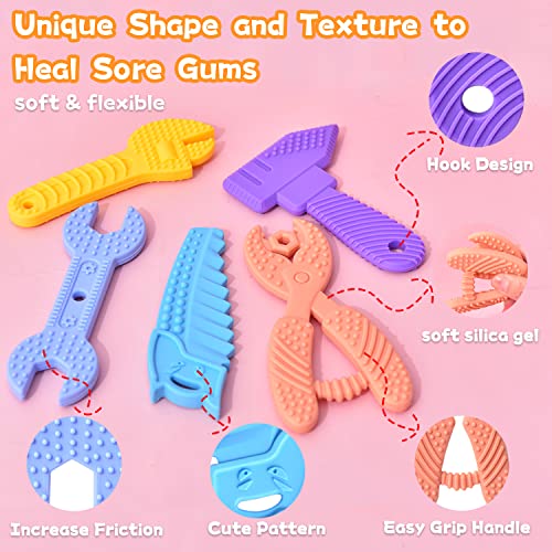 Mgtfbg Baby Teething Toys for 0-6 / 6-12 Months - Molar Teether Chew Toys Set BPA Free Silicone, Soft Textures - Hammer Wrench Scissors Shape Gift 5-Pack