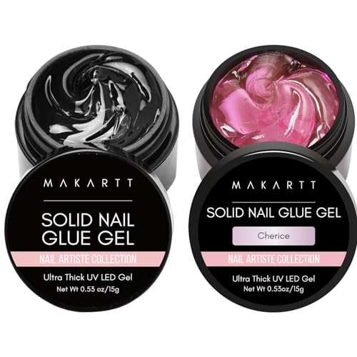 Makartt Gel Nail Glue for Gel Nail Tips, 2pcs Clear & Cherice Solid Nail Glue for Press On Nails Nail Tips Acrylic Nails Solid Builder Nail Gel for Nail Art DIY Home Salon Lamp Curing Needed 15ml