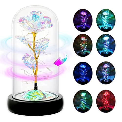 Childom Rotating Birthday Gifts for Women,Mothers Day Rose Gifts,Light Up Rose in Glass Dome,Spinning Rainbow Colorful Rose Flower Gifts for Mom From Daughter,Wife,Anniversary,Graduation Gift,Mom Gift