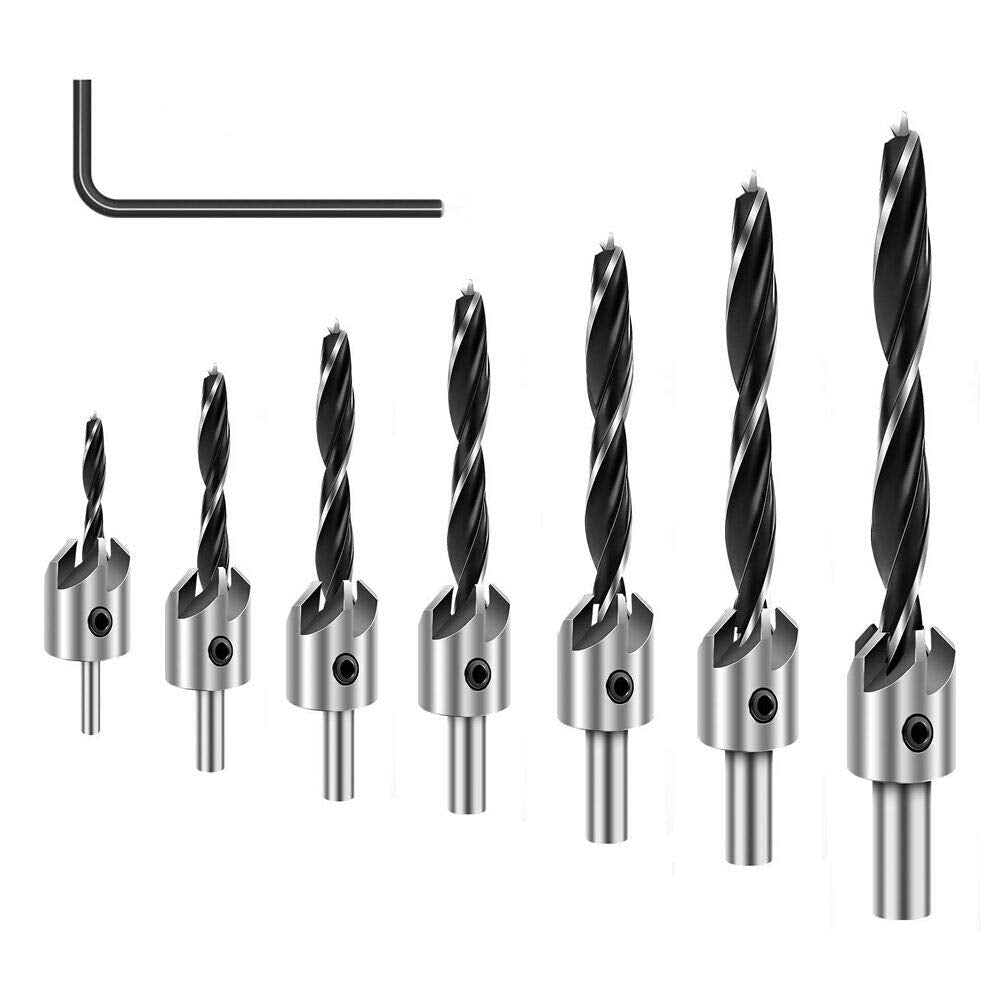 COMOWARE Countersink Drill Bits Set- 7Pcs Counter Sink Bit for Wood High Speed Steel, Woodworking Carpentry Reamer with 1 Free Hex Key Wrench