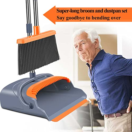 kelamayi Upgrade Broom and Dustpan Set, Self-Cleaning with Dustpan Teeth, Indoor&Outdoor Sweeping, Ideal for Dog Cat Pets Home Use, Stand Up Broom and Dustpan (Gray&Orange)