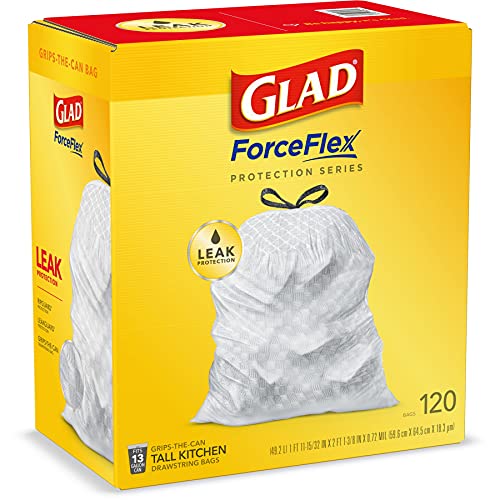 Glad Trash Bags, ForceFlex Tall Kitchen Drawstring Garbage Bags, 13 Gallon, Unscented, 120 Count.