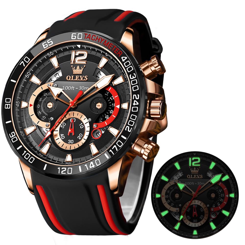 OLEVS Mens Black Watches Pro Diver Large Waterproof Chronograph Watch Luminous Silicon Strap Casual Watches for Men Reloj De Hombre Business Wrist Watch