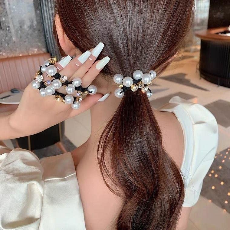 Ahoney 9Pcs Pearl Hair Ties Elastic Hair Scrunchies Hold Crystal Beads Bulk Hair Ropes Stretchy Handmade Boho Hair Accessories for Women Girls (Pearl&Crystal)