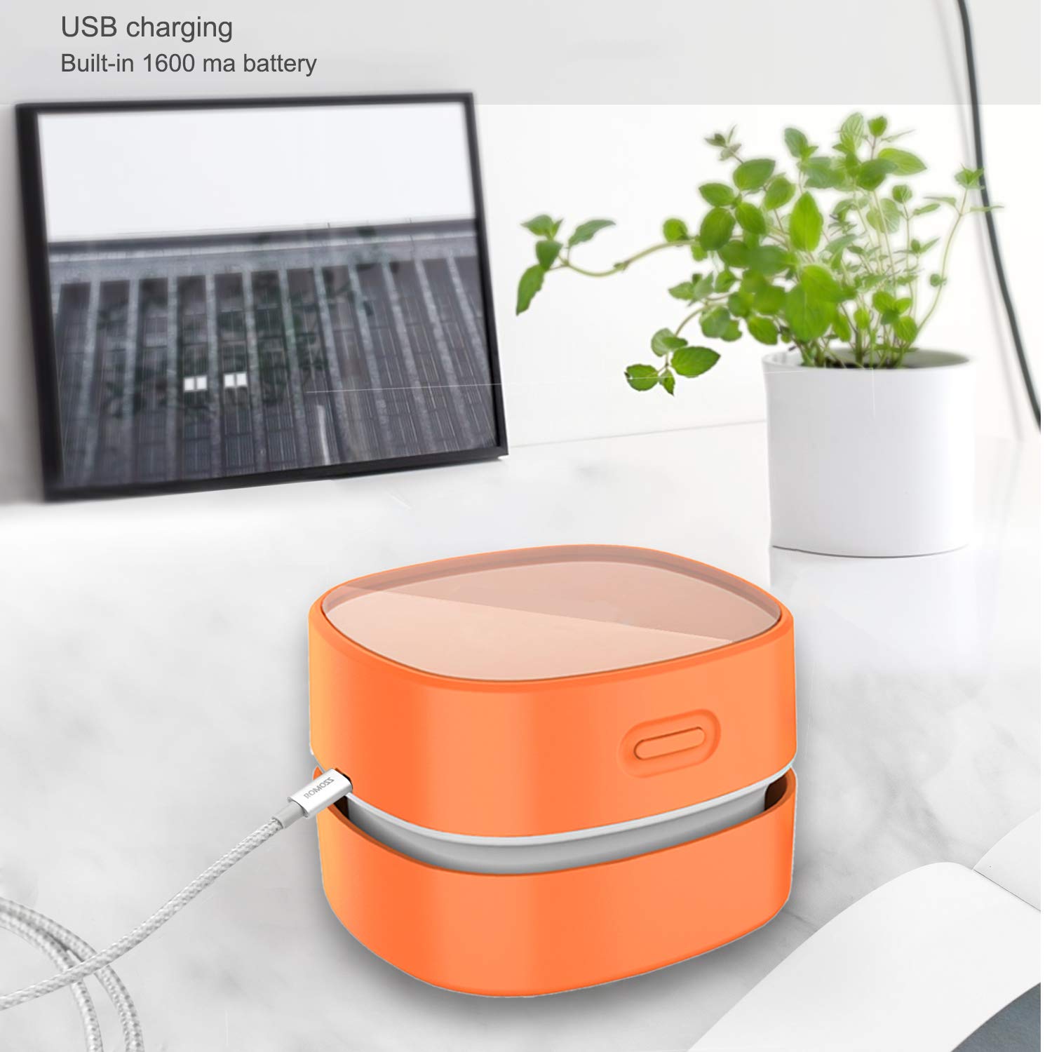 ODISTAR Desktop Vacuum cleaner,Mini table dust sweeper Energy Saving with auto power-off function,High endurance up to 400 mins,Cordless&360º Rotatable Design for Keyboard/Home/Office(orange charging)