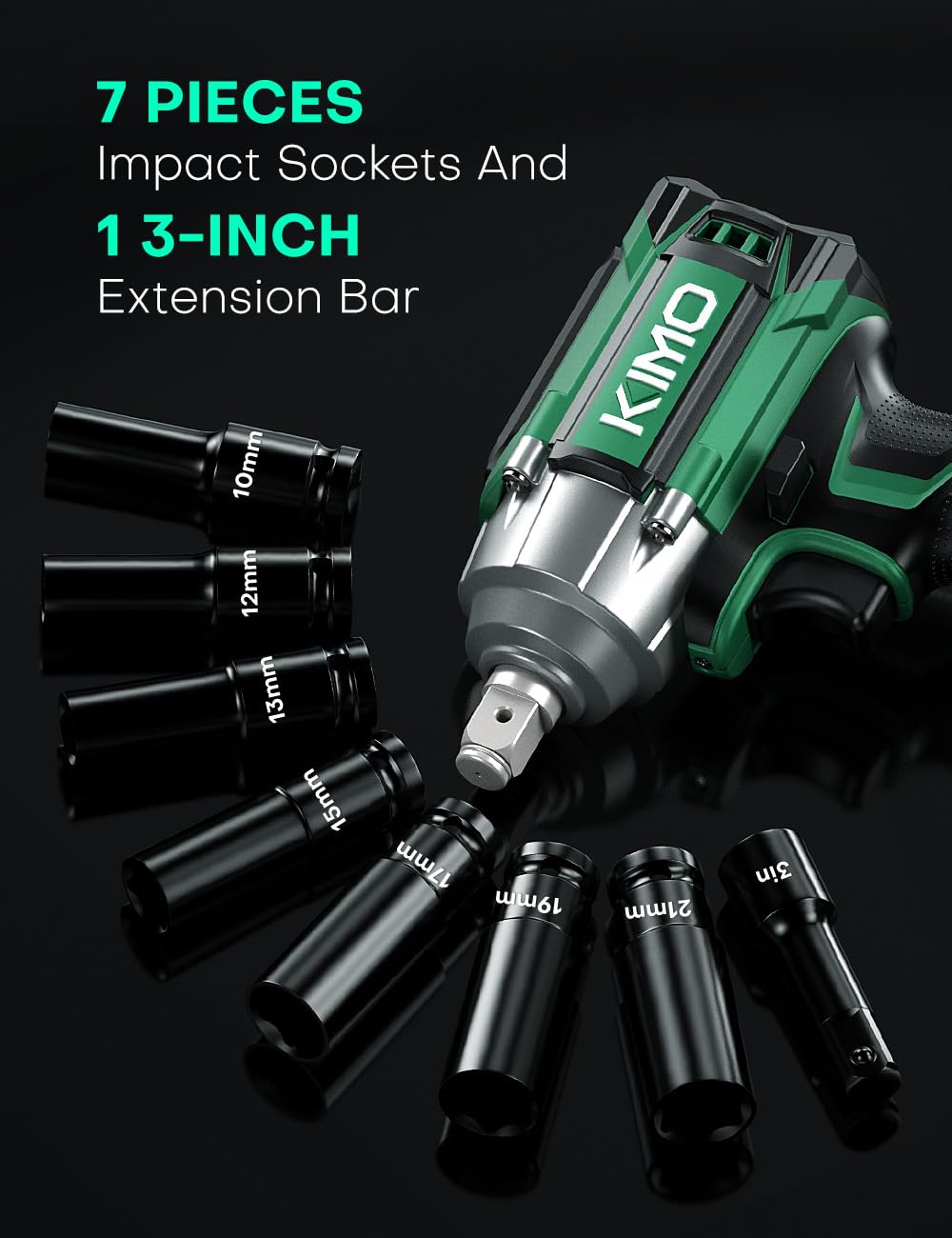 KIMO Cordless Impact Wrench, 3000 RPM & Max Torque 350 ft-lbs (475N.m), 1/2 Impact Gun with 2x 3000mAh Li-ion Battery, 1/2 Impact Driver w/7 Impact Sockets, 3 Inch Extension Bar, 1 Hour Fast Charger