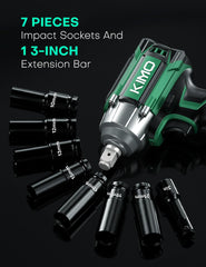 KIMO Cordless Impact Wrench, 3000 RPM & Max Torque 350 ft-lbs (475N.m), 1/2 Impact Gun with 2x 3000mAh Li-ion Battery, 1/2 Impact Driver w/7 Impact Sockets, 3 Inch Extension Bar, 1 Hour Fast Charger