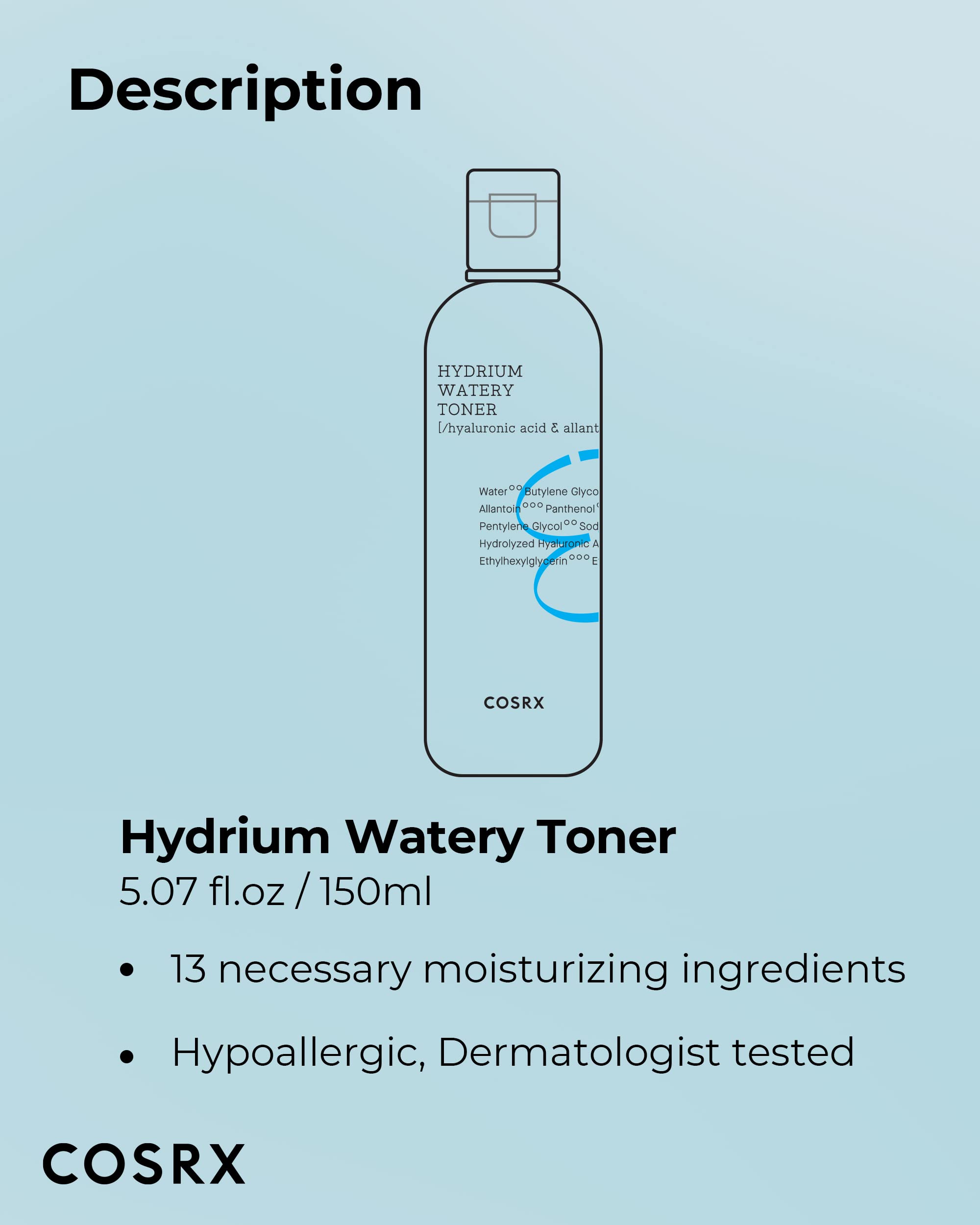 COSRX Hydrium Watery Toner, 280ml / 9.46 fl.oz | Moisturizing Korean Toner | Hyaluronic Acid, Allantoin, Panthenol | Korean Skin Care, Not Tested on Animals, Paraben Free