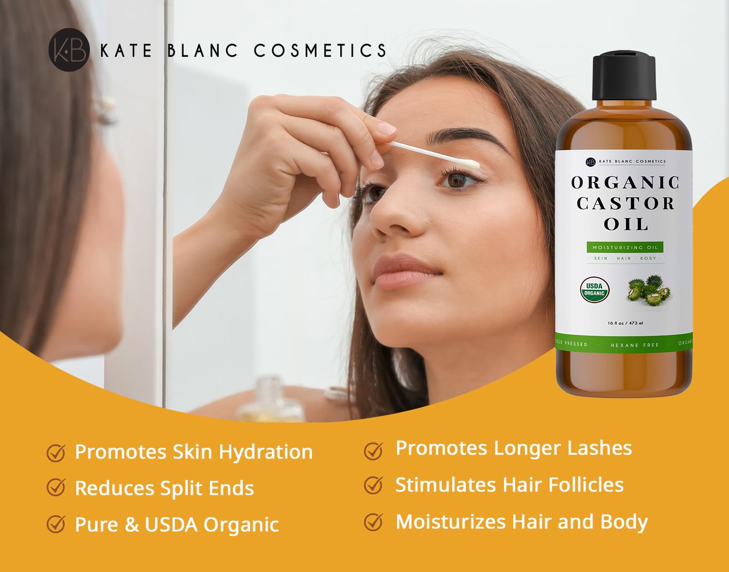 Kate Blanc Cosmetics Castor Oil 16oz - USDA Certified Organic. Cold-Pressed, 100% Pure, Hexane-Free. Promote Growth for Hair, Eyelashes, Eyebrows. Moisturizing For Dry Skin