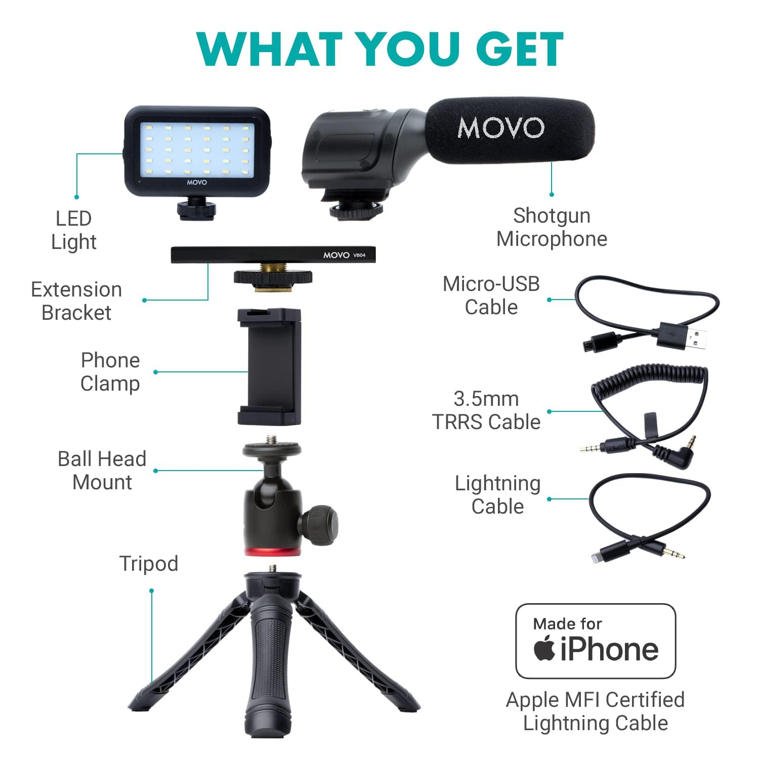 Movo iVlogger Vlogging Kit for iPhone - Lightning Compatible YouTube Starter Kit for Content Creators - Accessories: Phone Tripod, Phone Mount, LED Light and Shotgun Microphone