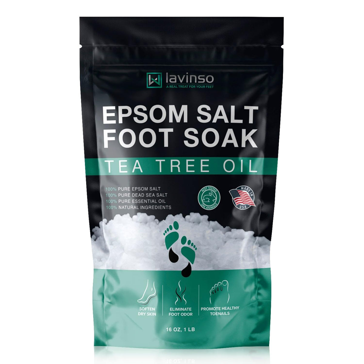 Tea Tree Oil Foot Soak with Epsom Salt - Made in USA - for Toenail Health, Athletes Foot, Stubborn Foot Odor, Softens Calluses & Soothes Sore Tired Feet - 1 LB