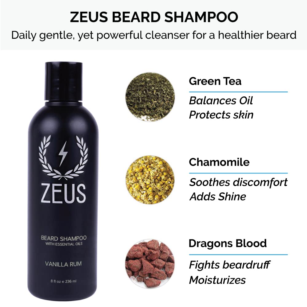 ZEUS Beard Wash & Beard Conditioner Set with Travel Dopp Bag, Daily Hydrating Beard Shampoo & Beard Conditioner with Toiletry Bag (Vanilla Rum) MADE IN USA