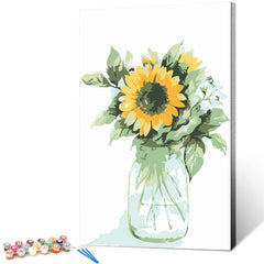 Ginkko Paint by Numbers Kit for Adults Beginner & Kids Ages 8-12 with Wooden Frame Easy Acrylic on Canvas 9x12 inch with Paints and Brushes, Vase Sunflower(Include Framed)