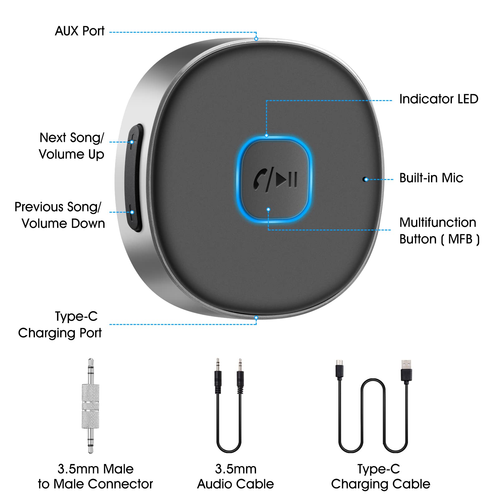 Bluetooth Aux Receiver, Portable 3.5mm Aux Car Adapter, Bluetooth 5.0 Wireless Audio Receiver for Car/Home Stereo/Wired Headphones/Speaker, 16H Battery Life