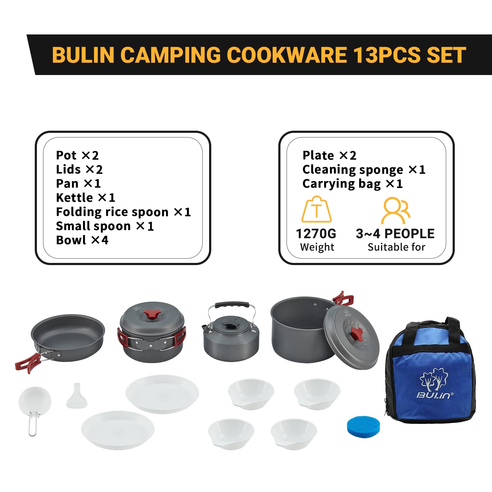 Bulin Camping Cookware Mess Kit, Nonstick Backpacking Cooking Set, Outdoor Cook Gear for Family Hiking, Picnic| Lightweight Cookware Sets(Kettle, Pots, Frying Pan, BPA-Free Bowls, Plates, Spoon)