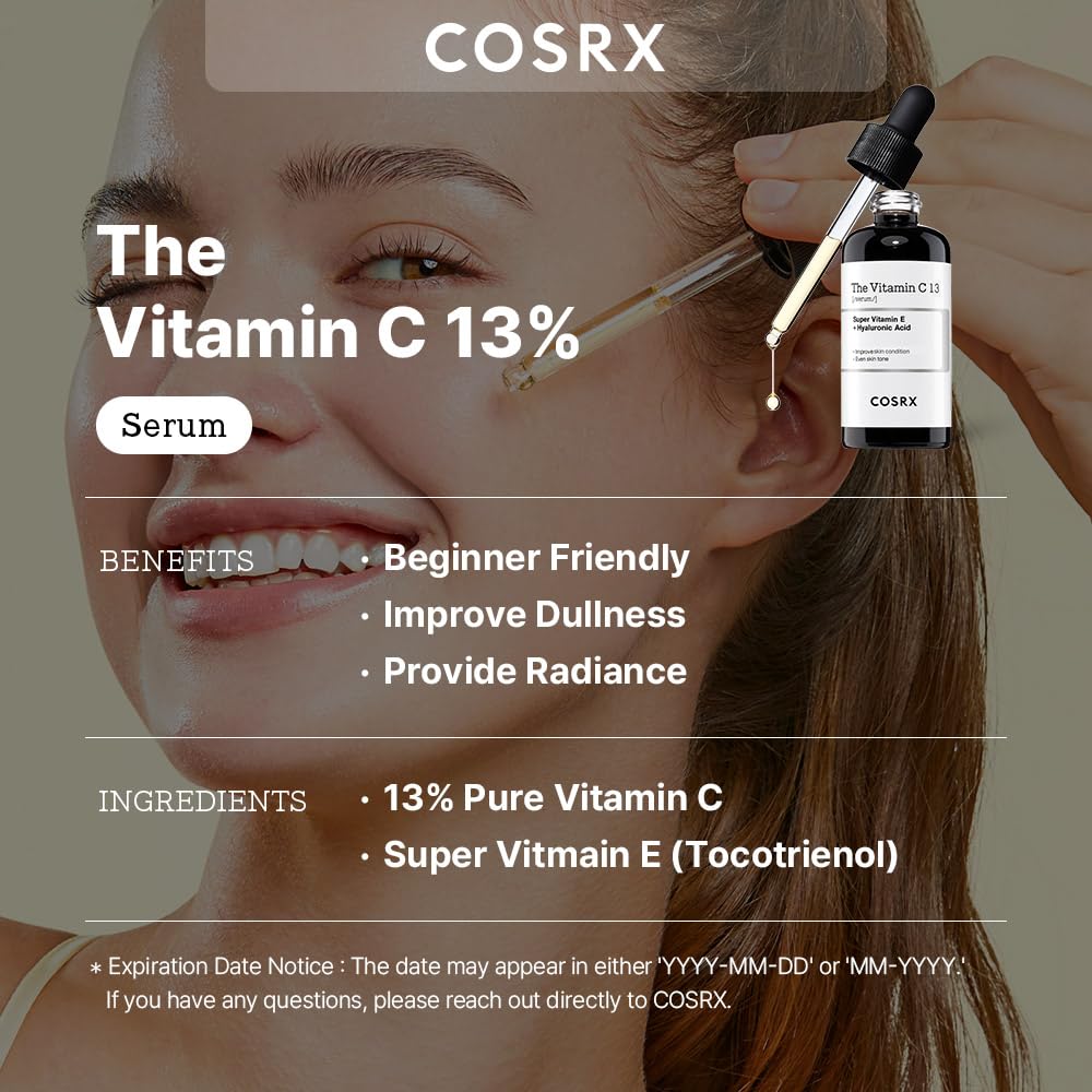 COSRX Pure Vitamin C 13% Serum with Vitamin E & Hyaluronic Acid, Brightening & Hydrating Facial Serum for Dark Spots, Fine Lines, Uneven Skin tone, 0.67fl.oz/20ml, Animal Testing-Free, Korean Skincare