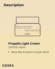 COSRX Full Fit Propolis Light Cream, 2.19 Fl.oz / 65ml, Propolis 64.5%, Hydrating Daily Day and Night Moisturiser, Korean Skin Care, Not Tested on Animals, Paraben Free