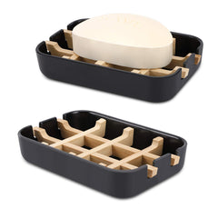 Fufengz Bamboo Wooden Soap Dishes for Bathroom Bar Soap Holder Shower Soap Holder Sink Deck Bathtub Shower Tray (Two Pieces Black)